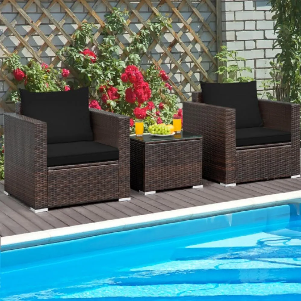 3 Pcs Patio Conversation Rattan Furniture Set with Cushion-Red