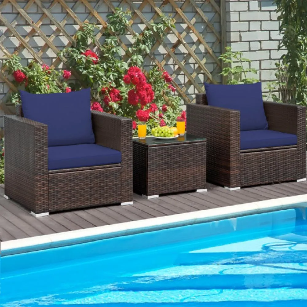 3 Pcs Patio Conversation Rattan Furniture Set with Cushion-Red