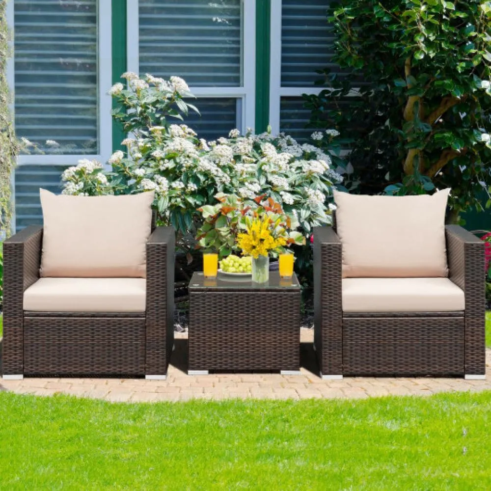 3 Pcs Patio Conversation Rattan Furniture Set with Cushion-Red