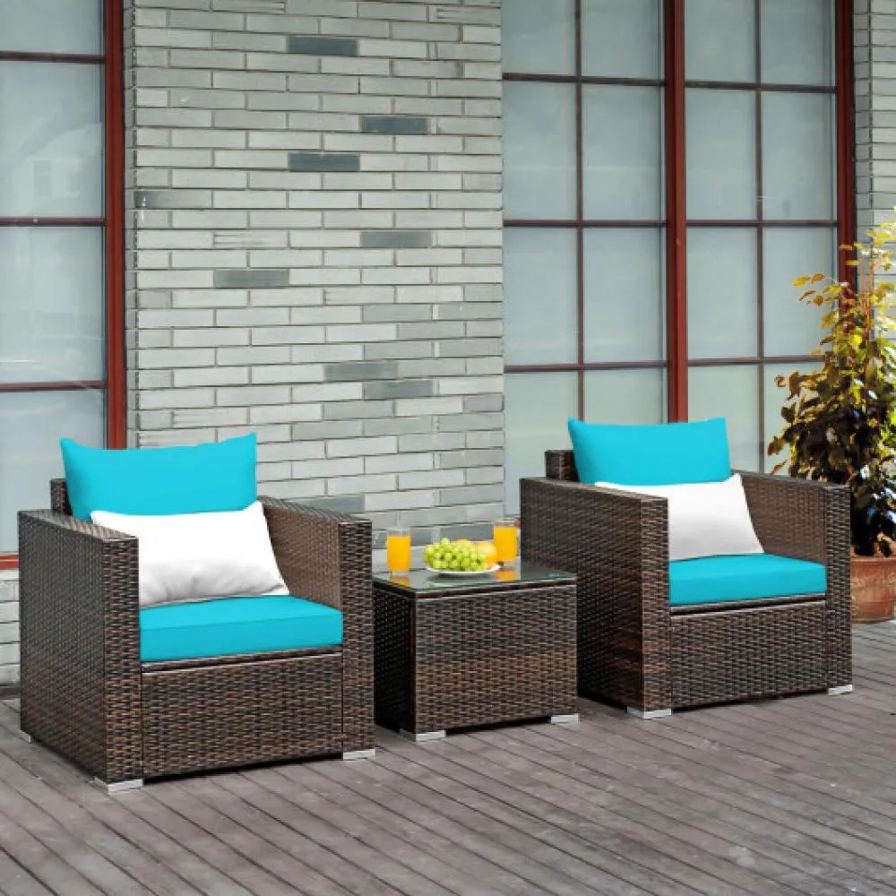 3 Pcs Patio Conversation Rattan Furniture Set with Cushion-Red