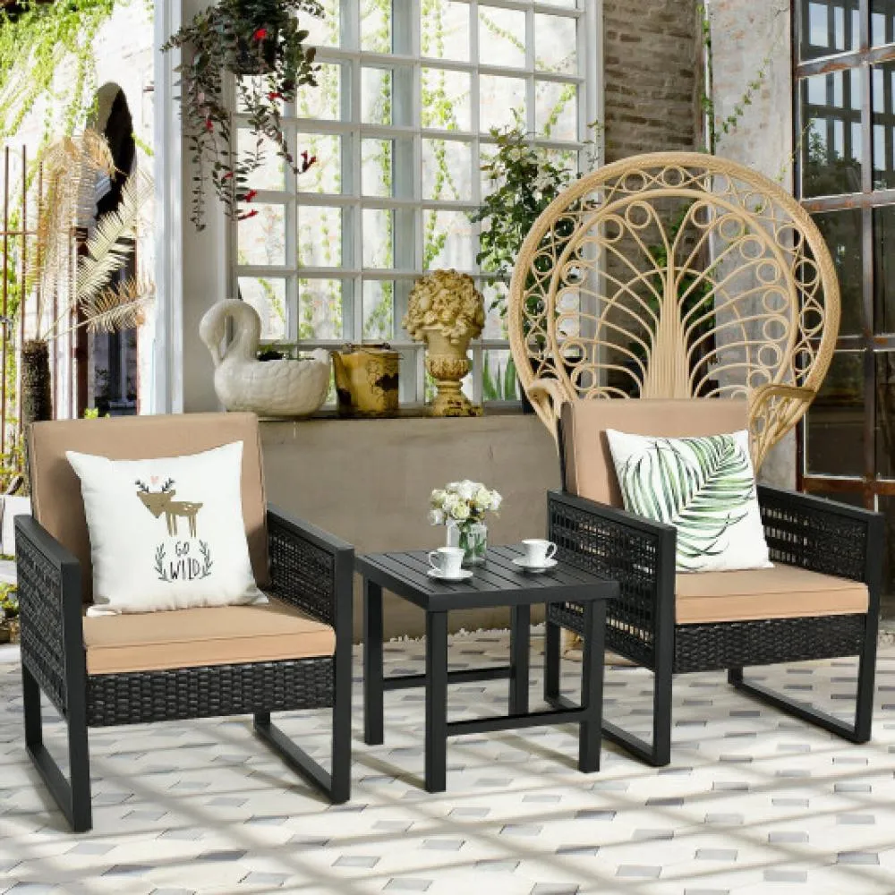 3 Pieces Patio Rattan Bistro Cushioned Furniture Set