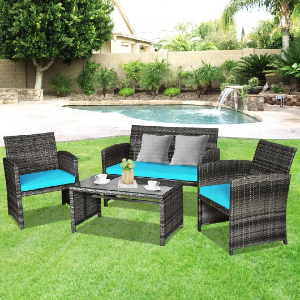 4 Pcs Patio Rattan Furniture Set Top Sofa With Glass Table-White