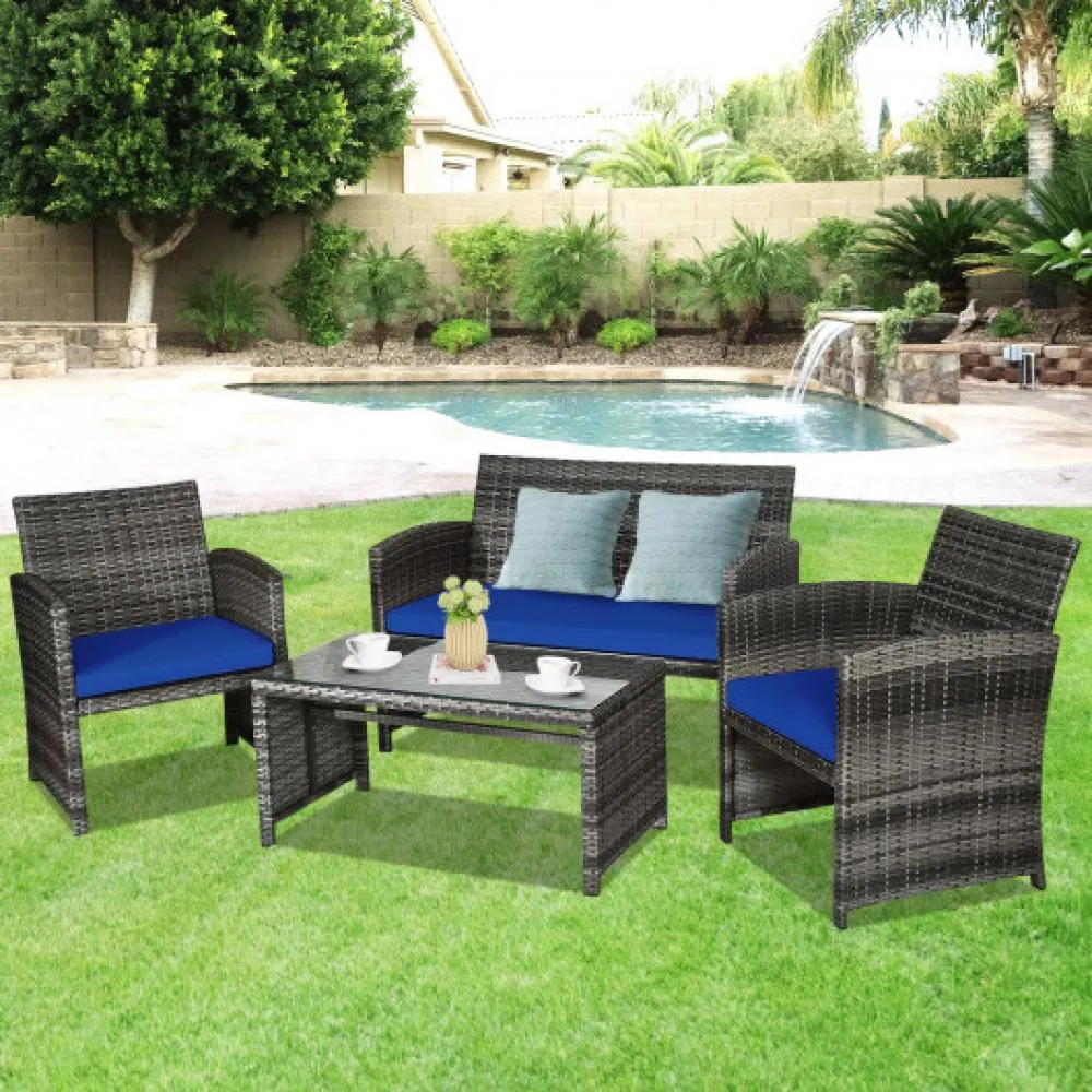 4 Pcs Patio Rattan Furniture Set Top Sofa With Glass Table-White