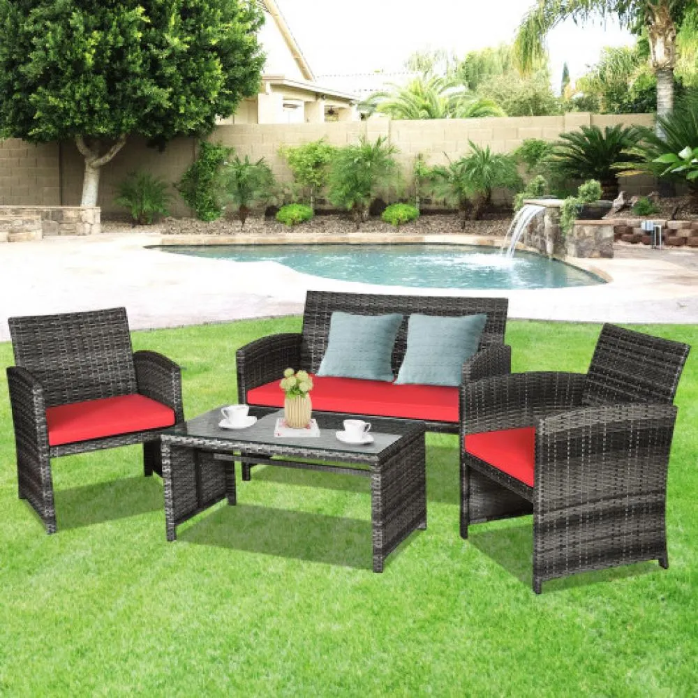 4 Pcs Patio Rattan Furniture Set Top Sofa With Glass Table-White