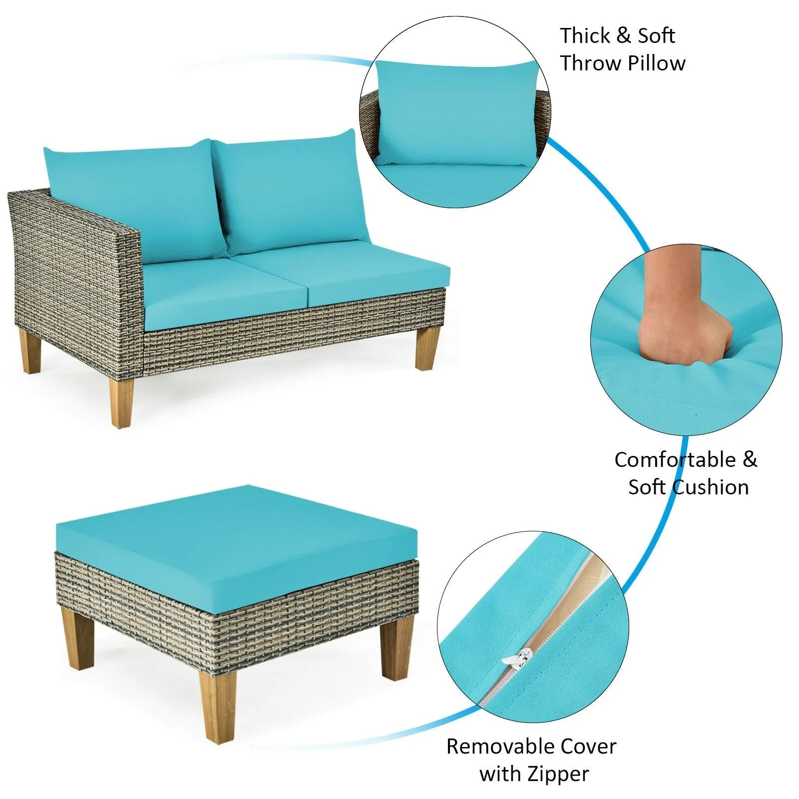 4pc Wicker Rattan Patio Furniture Set Cushioned Loveseat - Turquoise