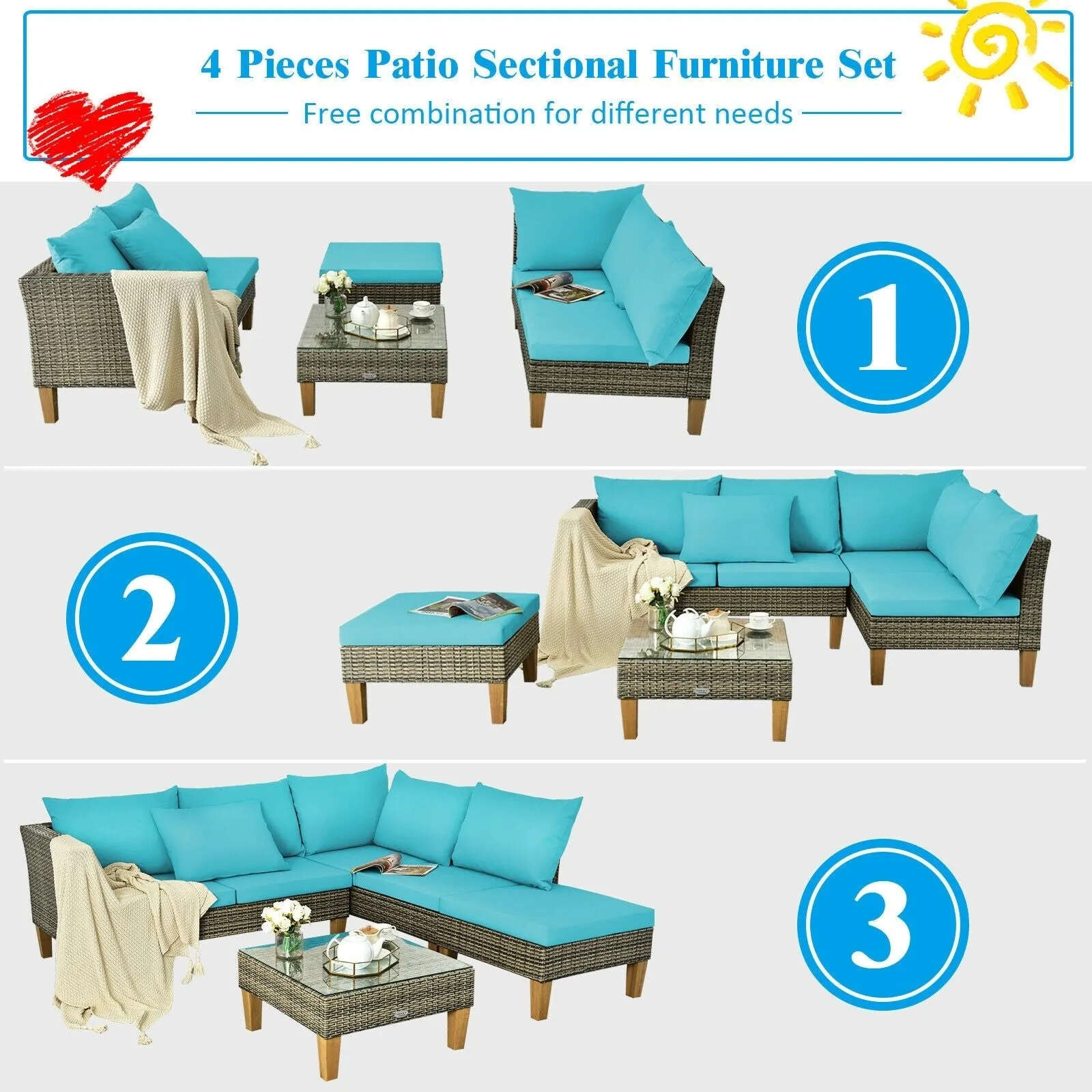 4pc Wicker Rattan Patio Furniture Set Cushioned Loveseat - Turquoise