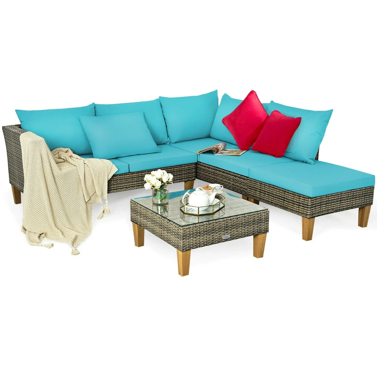 4pc Wicker Rattan Patio Furniture Set Cushioned Loveseat - Turquoise