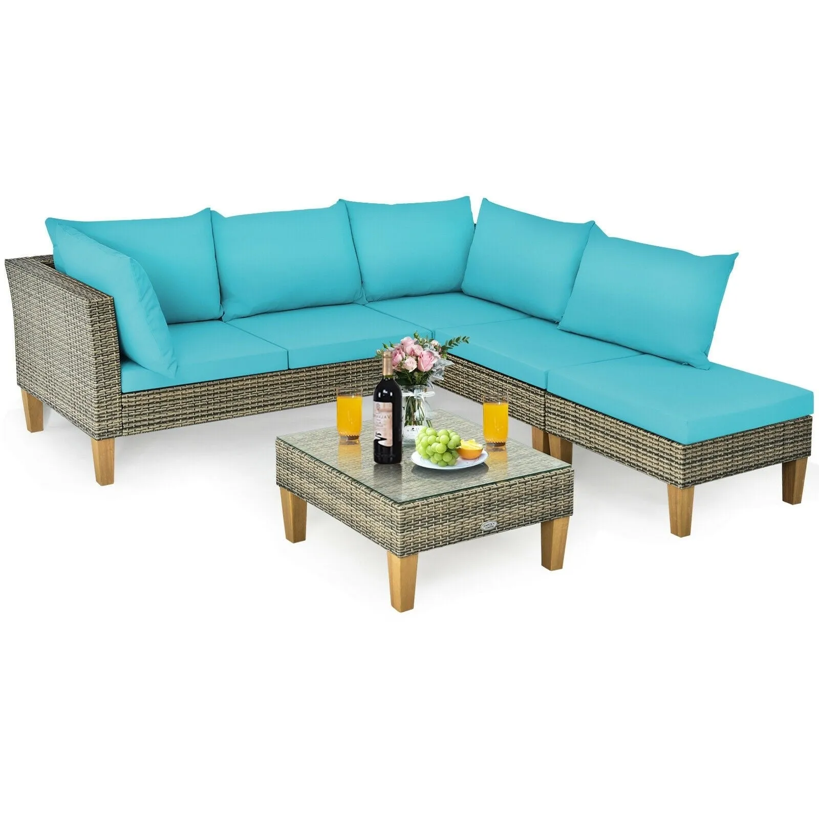 4pc Wicker Rattan Patio Furniture Set Cushioned Loveseat - Turquoise