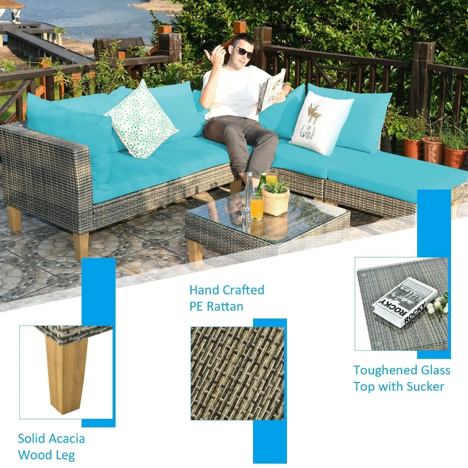 4pc Wicker Rattan Patio Furniture Set Cushioned Loveseat - Turquoise