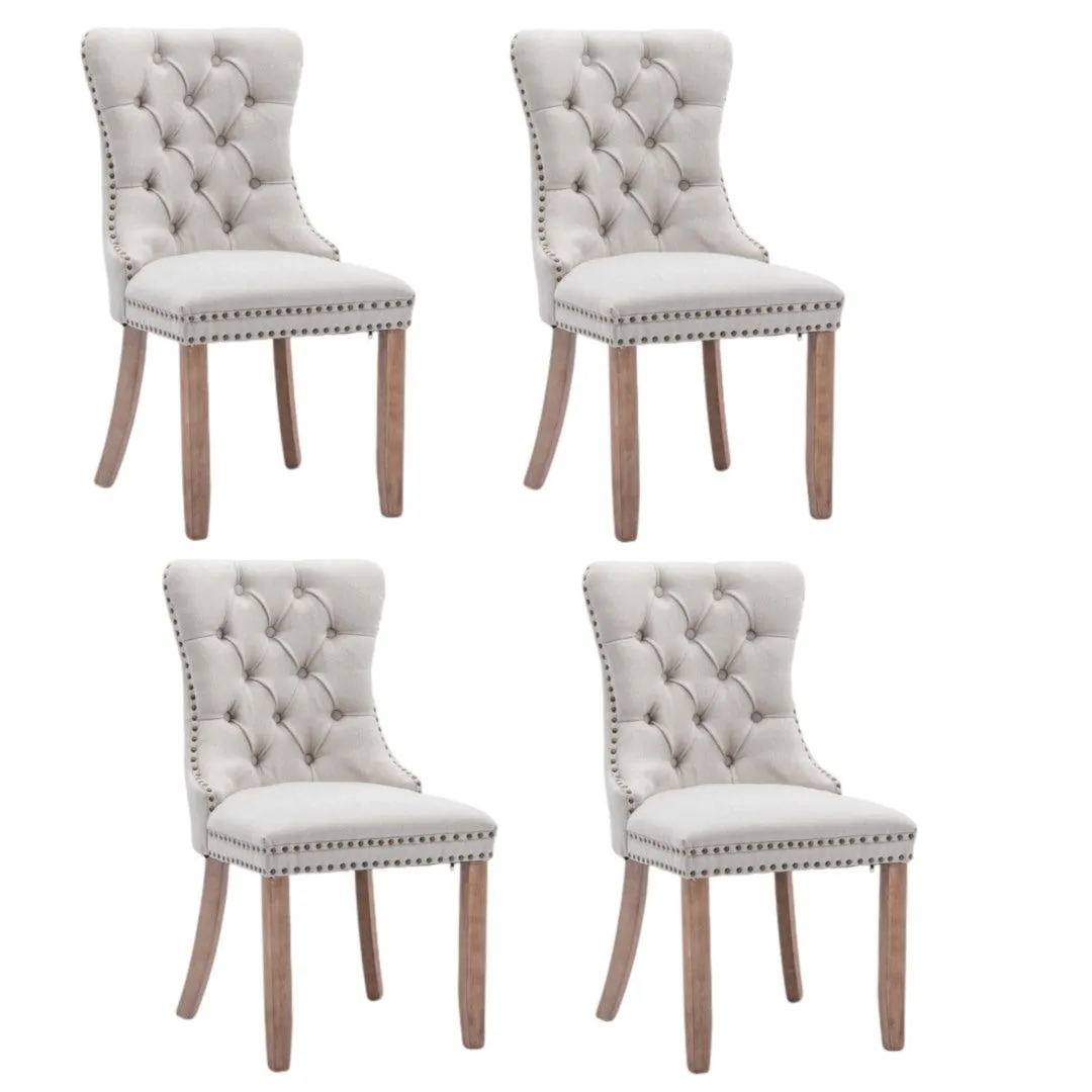 4x AADEN Modern Elegant Button-Tufted Upholstered Fabric with Studs Trim and Wooden legs Dining Side Chair-Beige