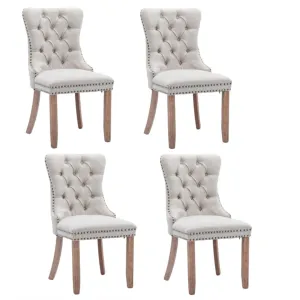 4x AADEN Modern Elegant Button-Tufted Upholstered Fabric with Studs Trim and Wooden legs Dining Side Chair-Beige