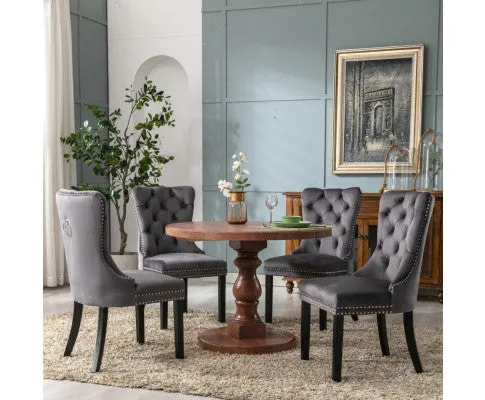 6x Velvet Dining Chairs Upholstered Tufted Kithcen Chair with Solid Wood Legs Stud Trim and Ring-Gray