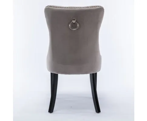 6x Velvet Dining Chairs Upholstered Tufted Kithcen Chair with Solid Wood Legs Stud Trim and Ring-Gray