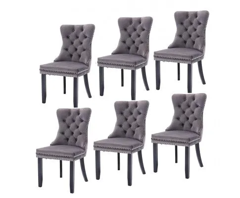 6x Velvet Dining Chairs Upholstered Tufted Kithcen Chair with Solid Wood Legs Stud Trim and Ring-Gray