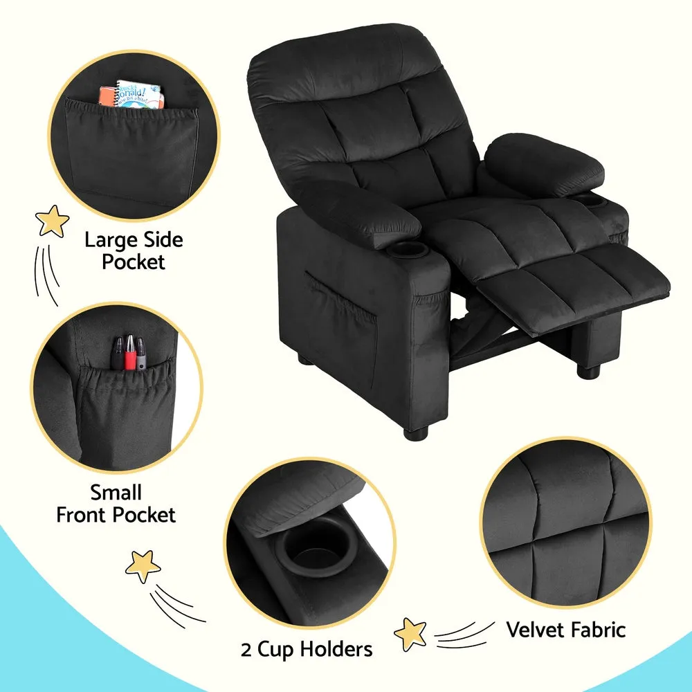 Black Velvet Kids Recliner Chair, Adjustable, 65kg - Keezi