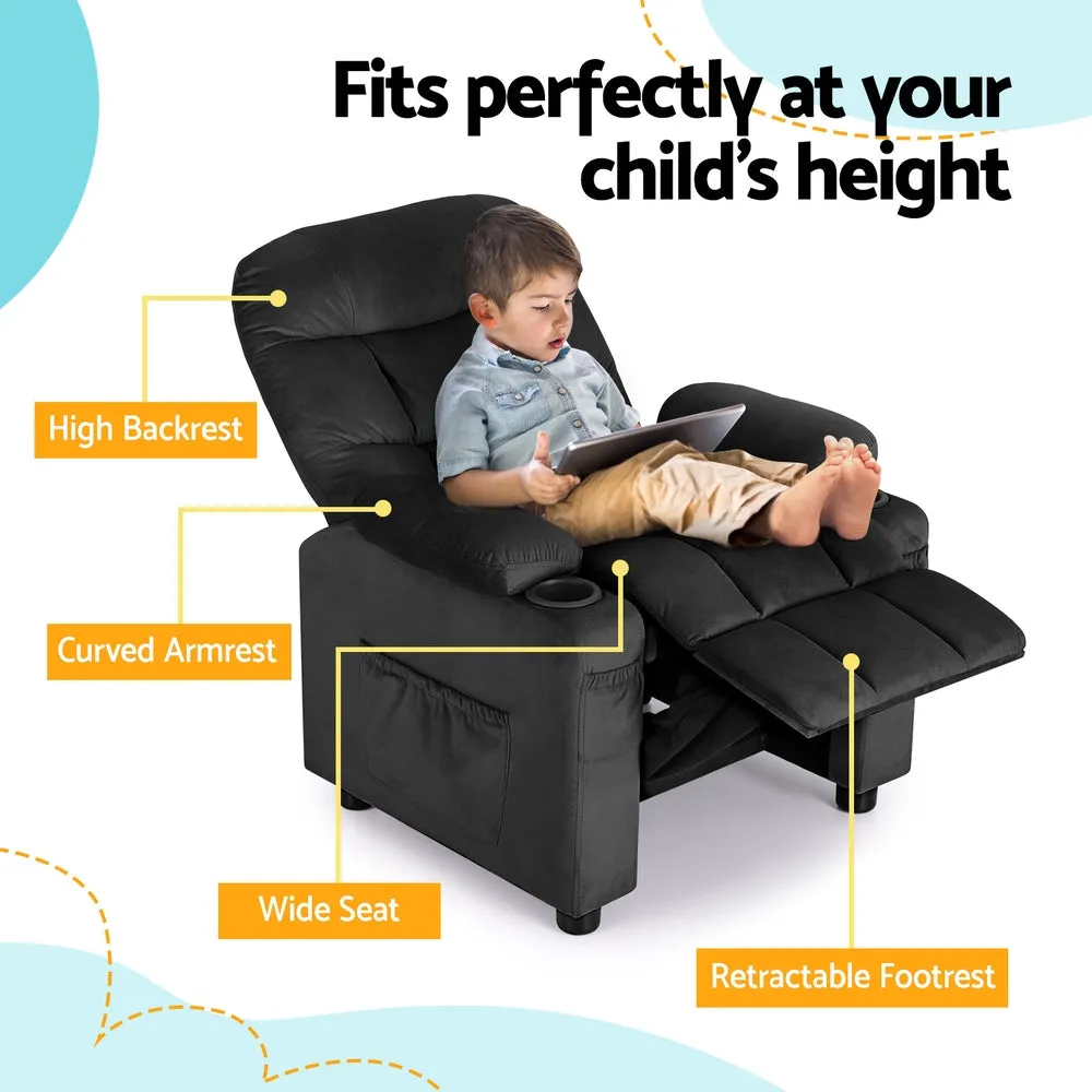 Black Velvet Kids Recliner Chair, Adjustable, 65kg - Keezi