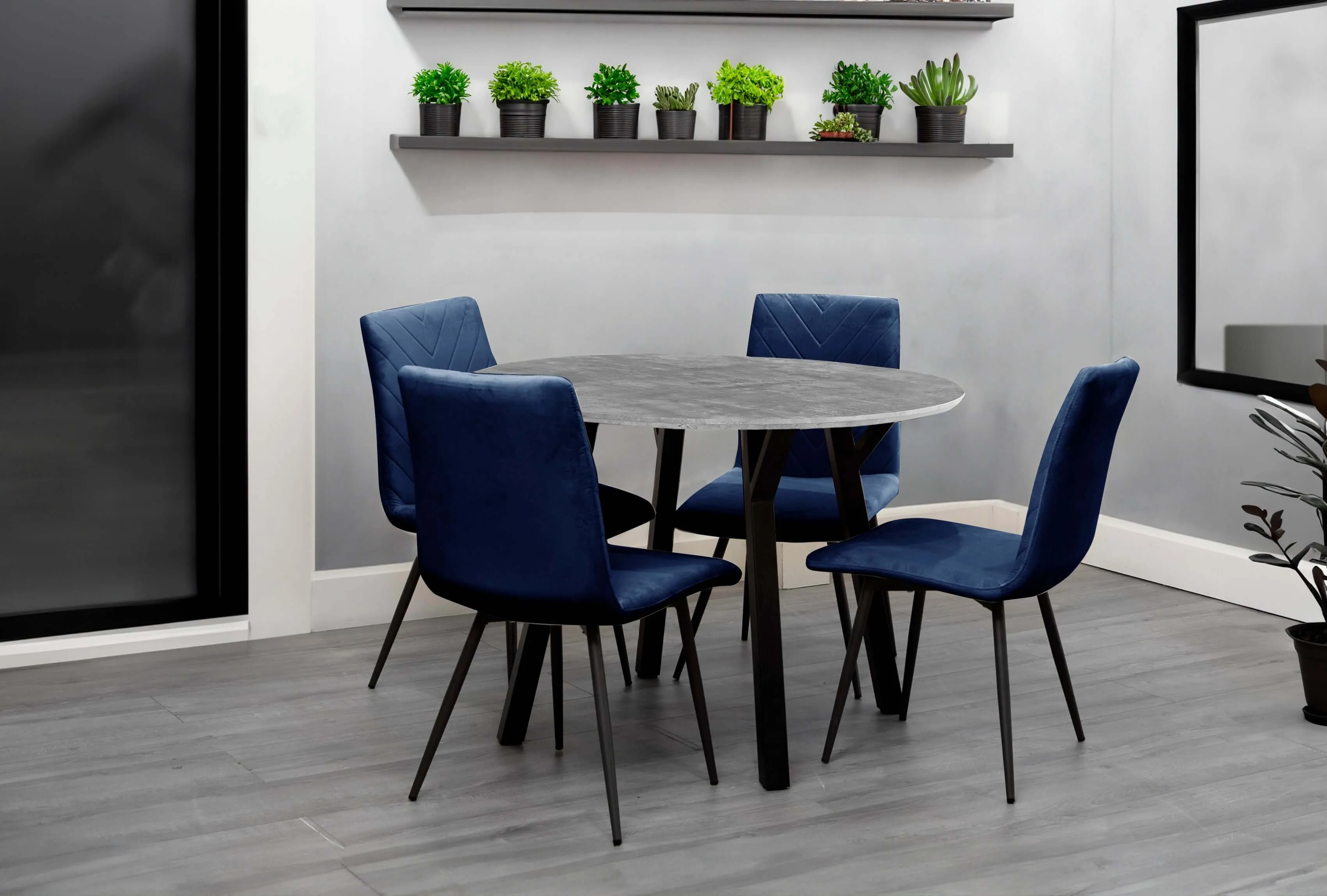 Concrete Effect Round Dining Table 1.1m  & 4 x Blue Velvet Chairs