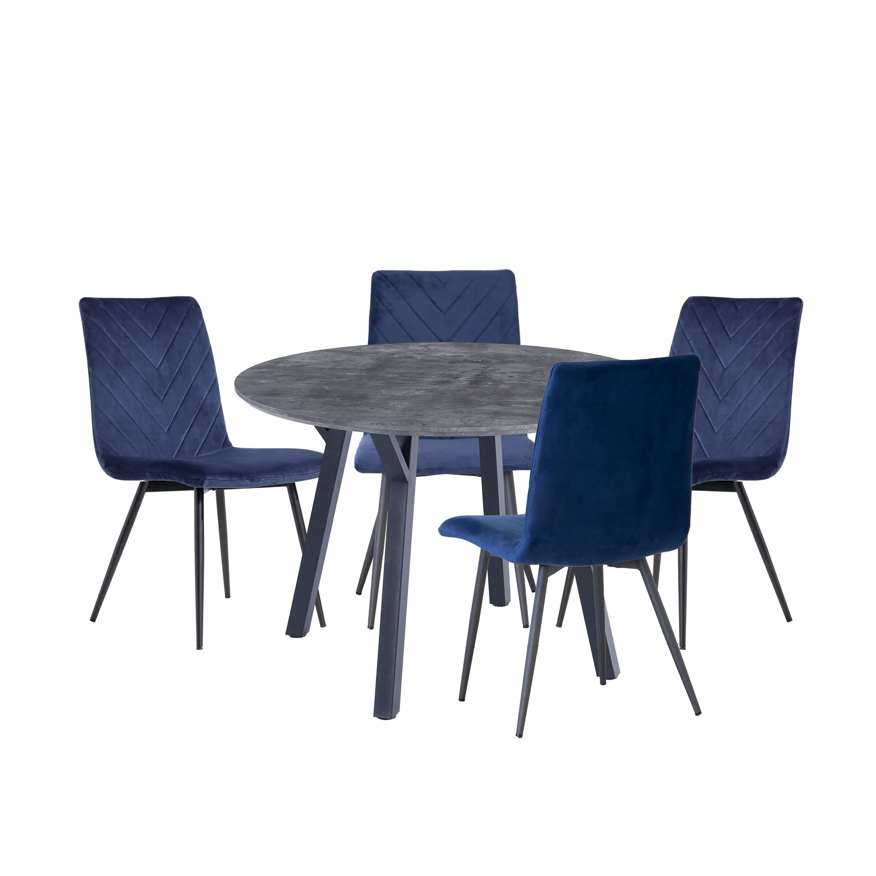 Concrete Effect Round Dining Table 1.1m  & 4 x Blue Velvet Chairs