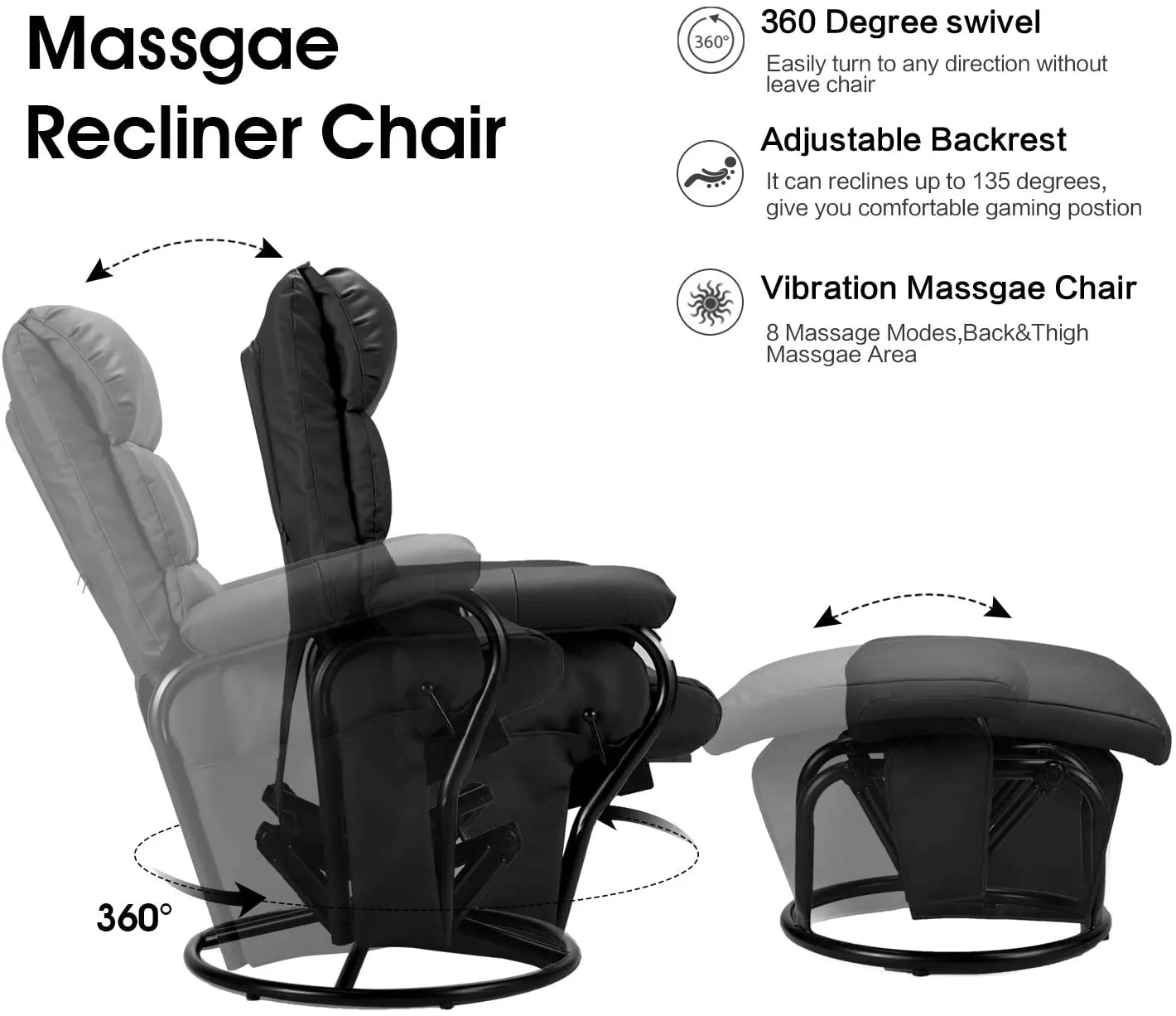 Faux Leather Glider Recliner with Ottoman Vibration Massage Lounge Chair Set, Black