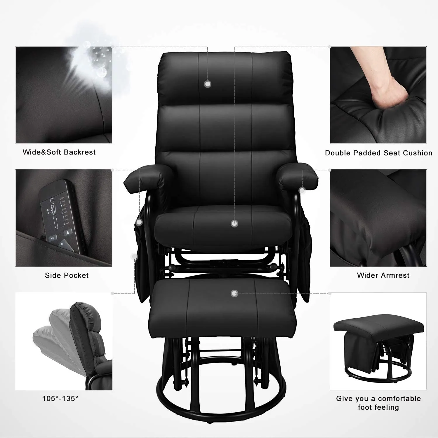 Faux Leather Glider Recliner with Ottoman Vibration Massage Lounge Chair Set, Black