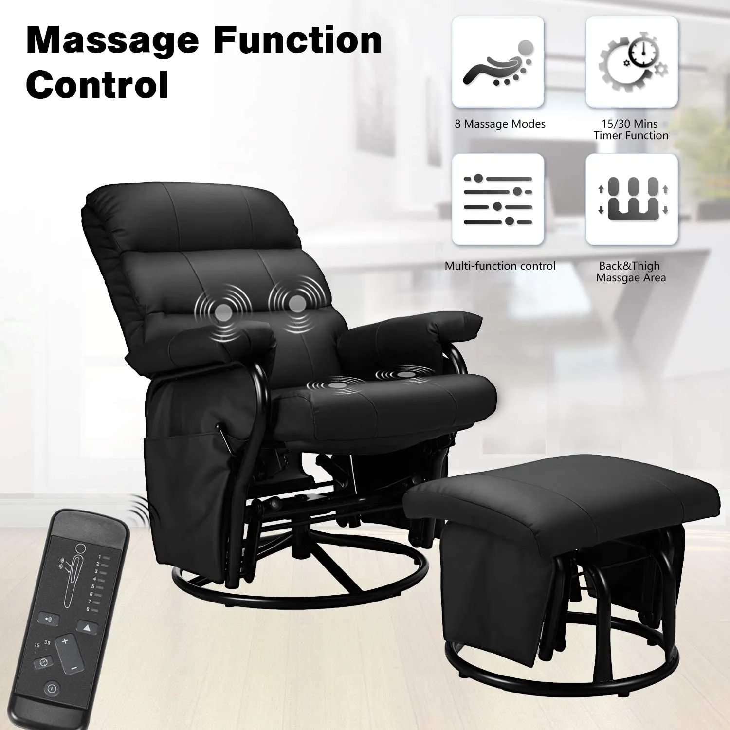 Faux Leather Glider Recliner with Ottoman Vibration Massage Lounge Chair Set, Black