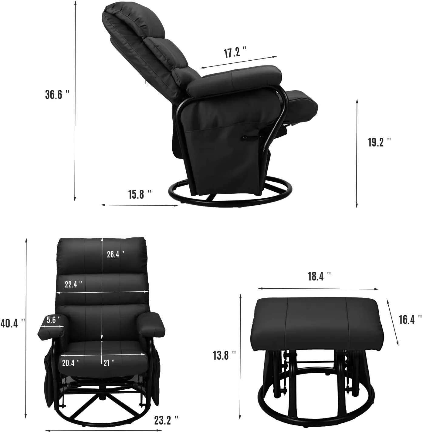 Faux Leather Glider Recliner with Ottoman Vibration Massage Lounge Chair Set, Black