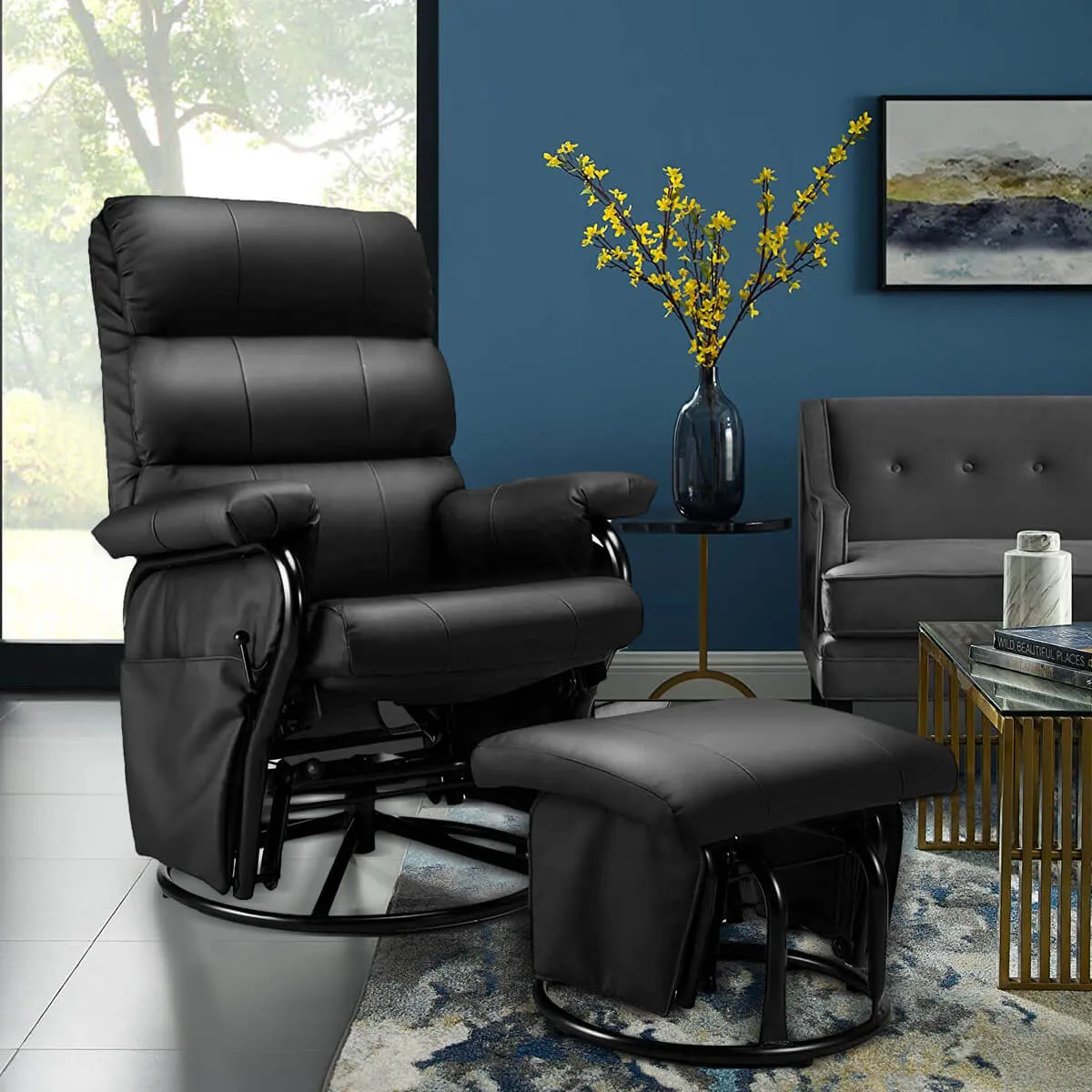 Faux Leather Glider Recliner with Ottoman Vibration Massage Lounge Chair Set, Black