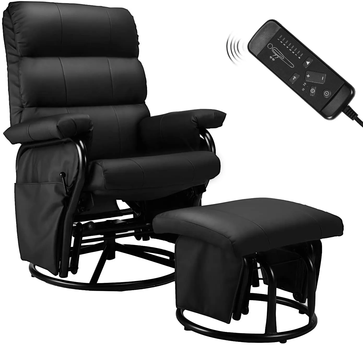 Faux Leather Glider Recliner with Ottoman Vibration Massage Lounge Chair Set, Black