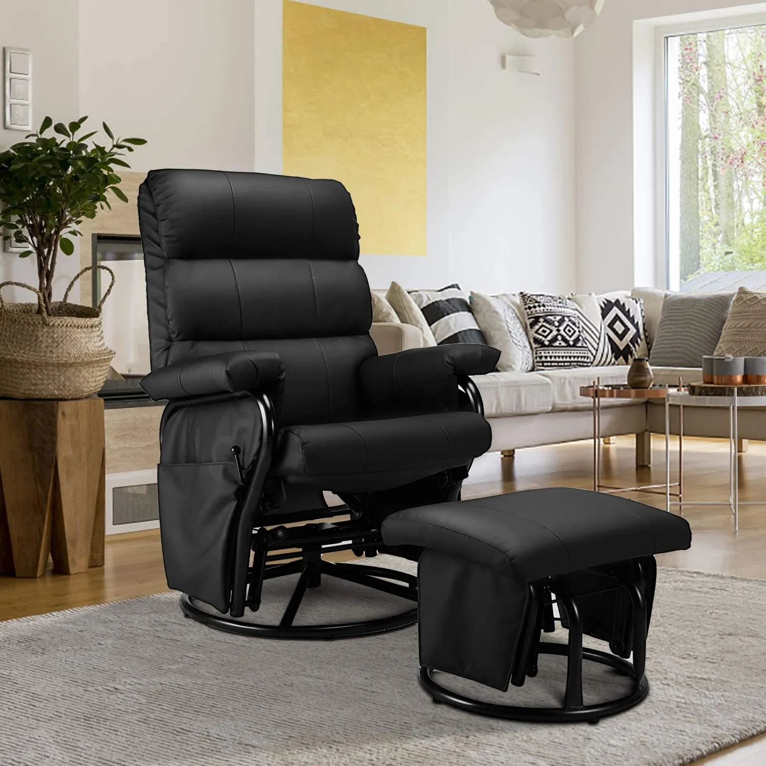 Faux Leather Glider Recliner with Ottoman Vibration Massage Lounge Chair Set, Black