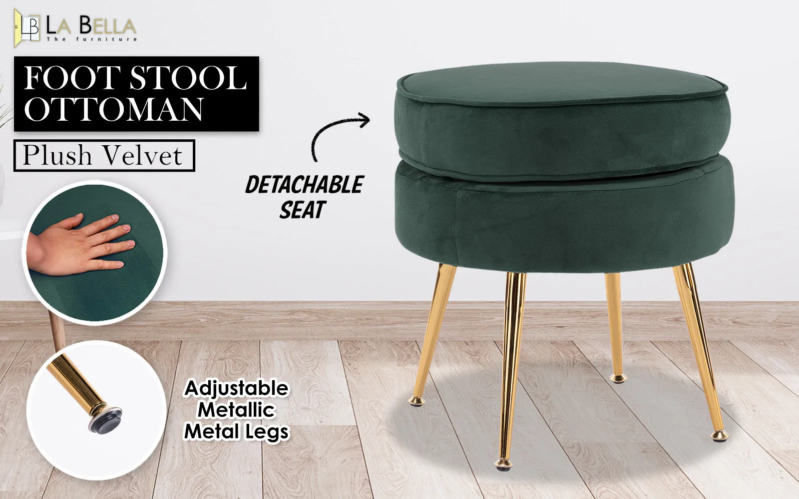 Green Velvet Ottoman Foot Stool, Gold Metal Legs - La Bella