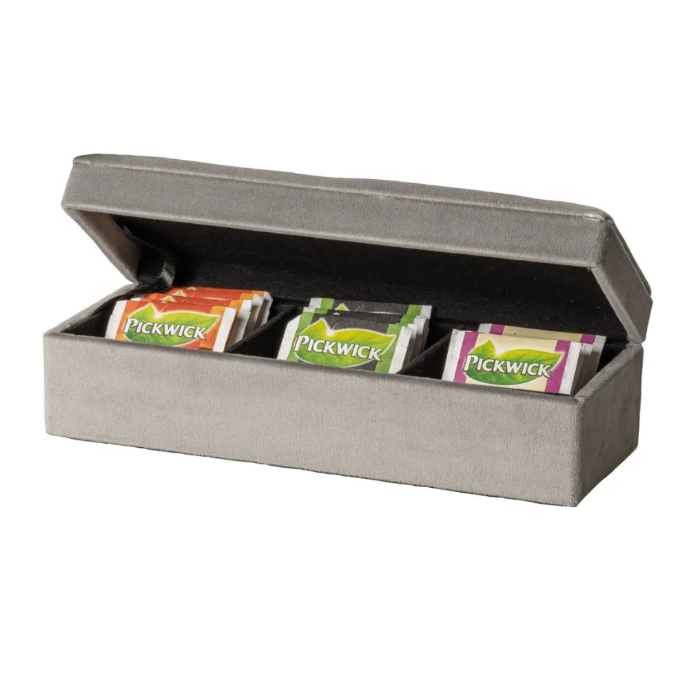 Gusta Tea Box Storage Velvet Grey 3 Compartments 24cm