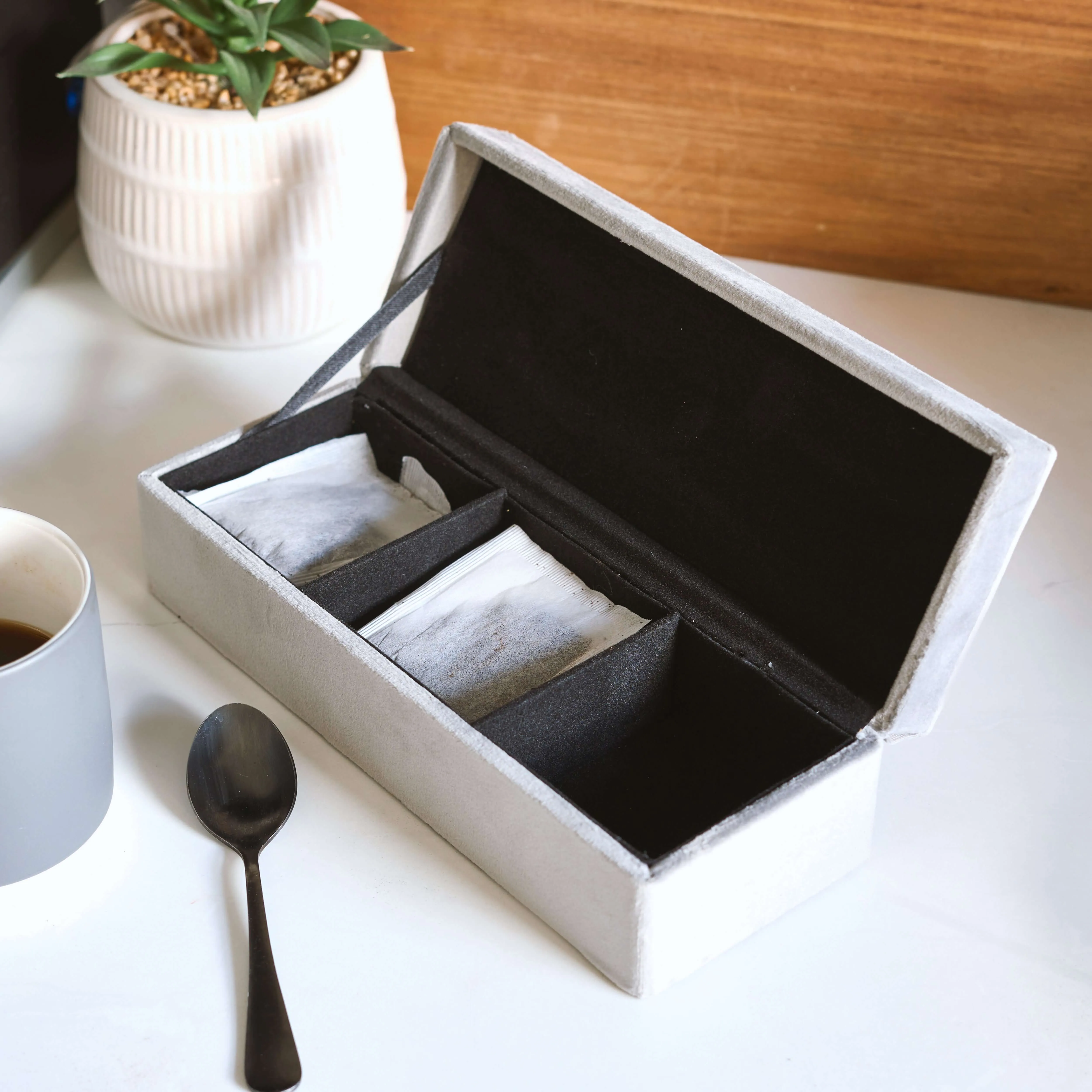 Gusta Tea Box Storage Velvet Grey 3 Compartments 24cm