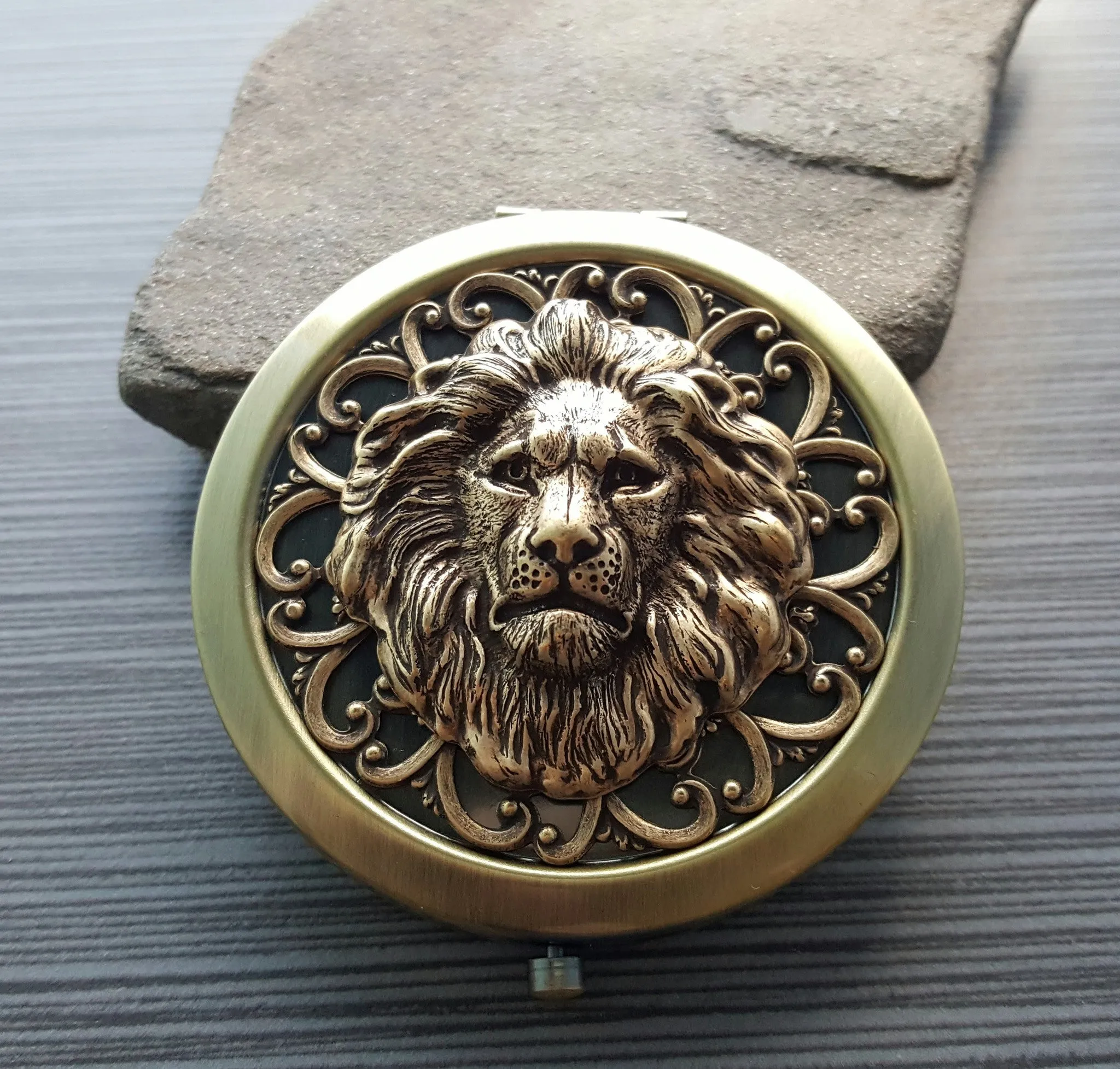 Handmade Oxidized Brass Lion Compact Mirror