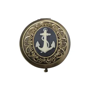 Handmade Victorian Oxidized Brass Anchor Cameo Compact Mirror