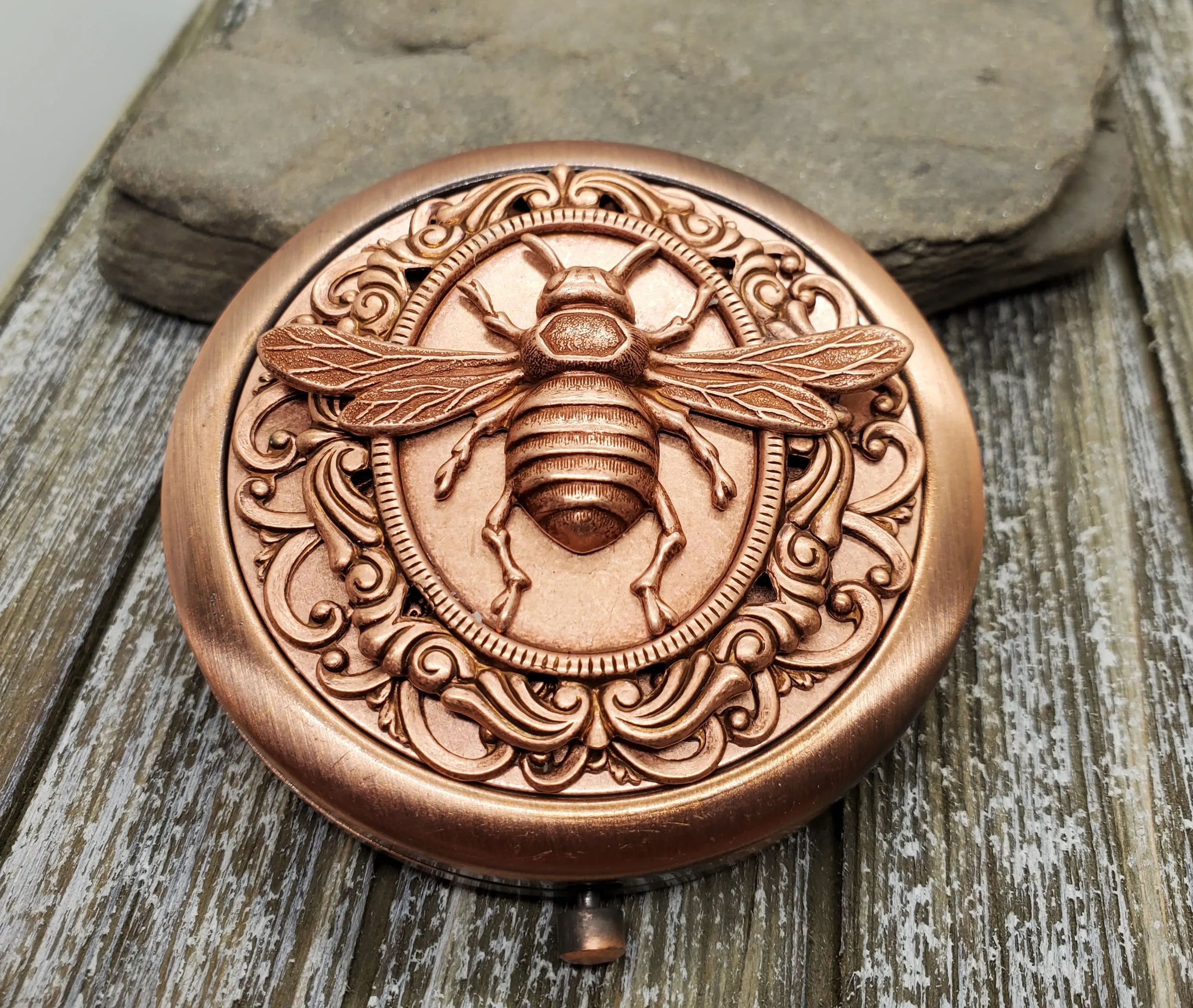 Handmade Victorian-Style Oxidized Rose Gold Steampunk Bee Compact Mirror.