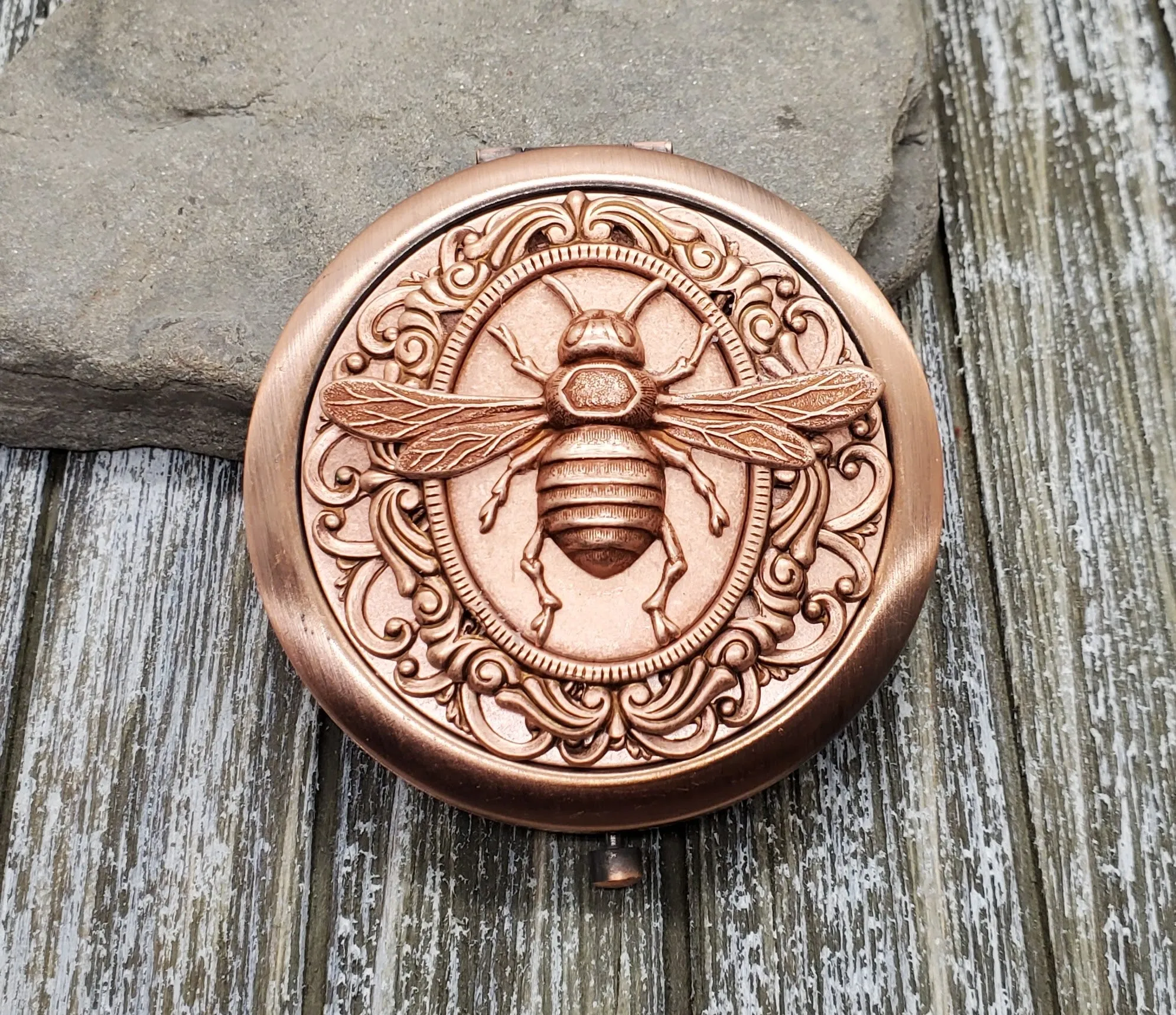 Handmade Victorian-Style Oxidized Rose Gold Steampunk Bee Compact Mirror.