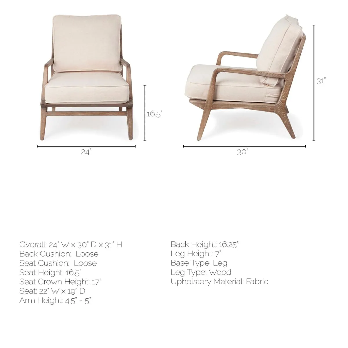 Harman Accent Chair Off-White Fabric | Brown Wood