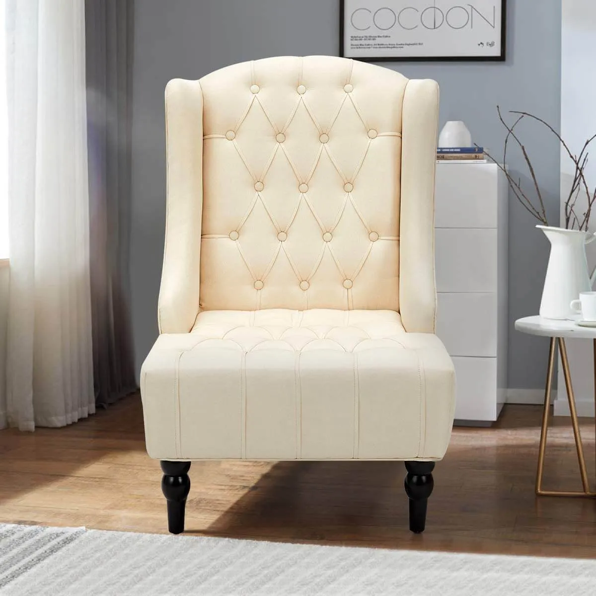 High-Back Fabric Club Chair, Wingback Chair, Modern Accent Chair for Living Room, Bedroom, Creamy White