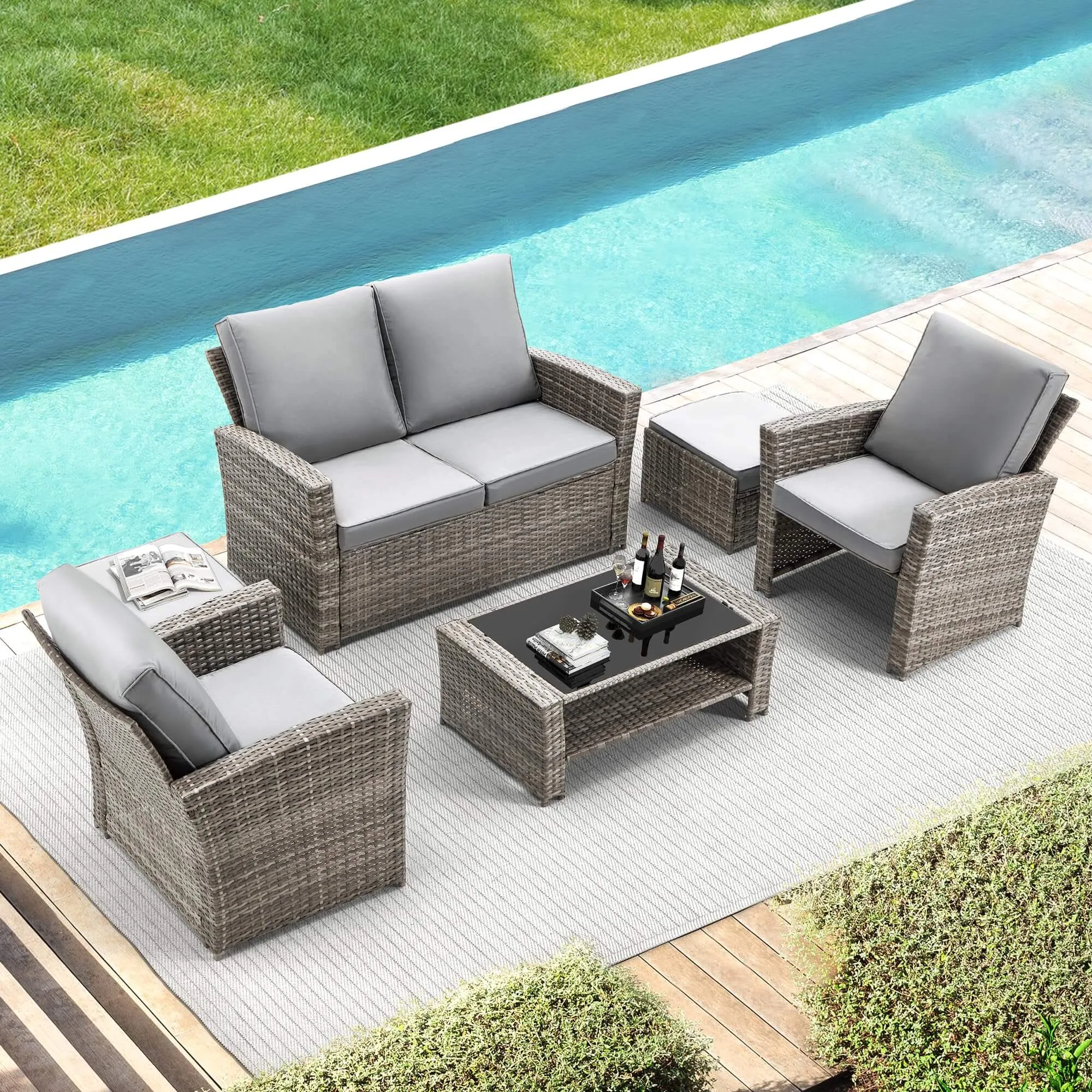 Homrest 6 Pcs Patio Furniture Set with Ottoman and Storage Table, Dark Gray