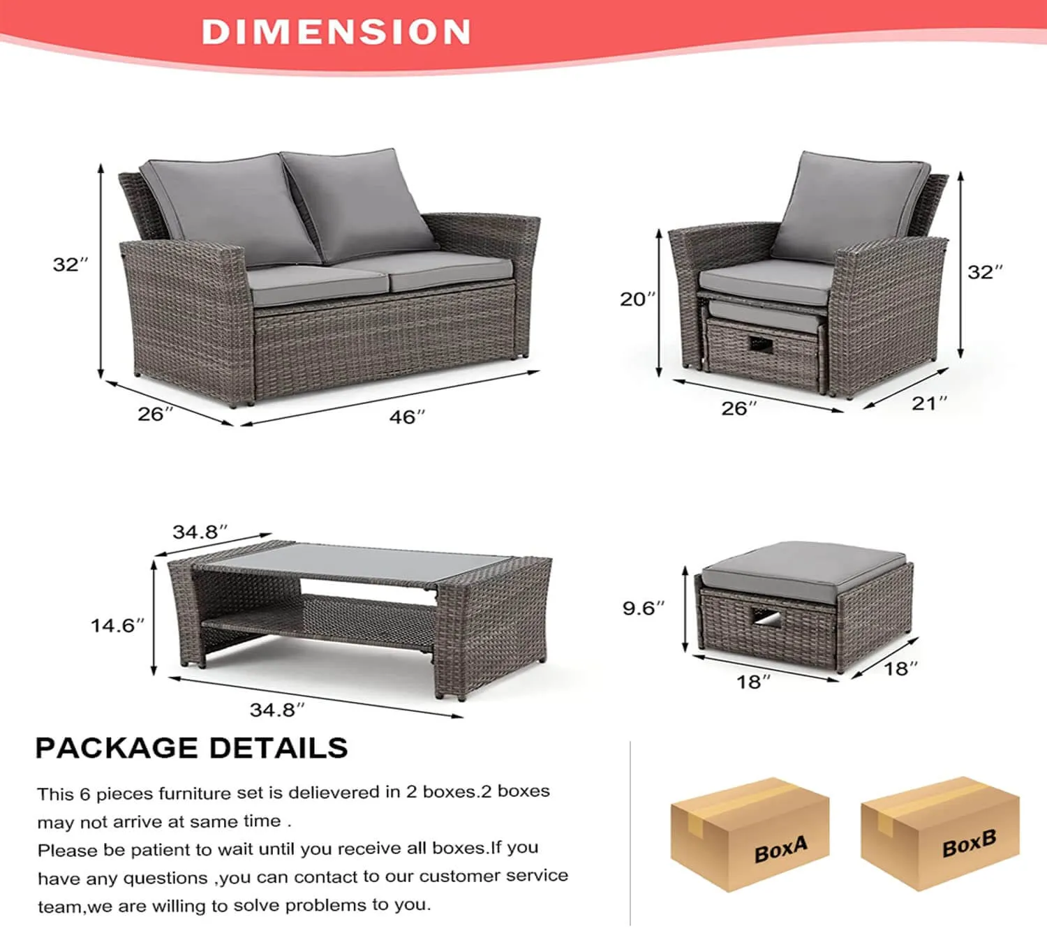 Homrest 6 Pcs Patio Furniture Set with Ottoman and Storage Table, Dark Gray