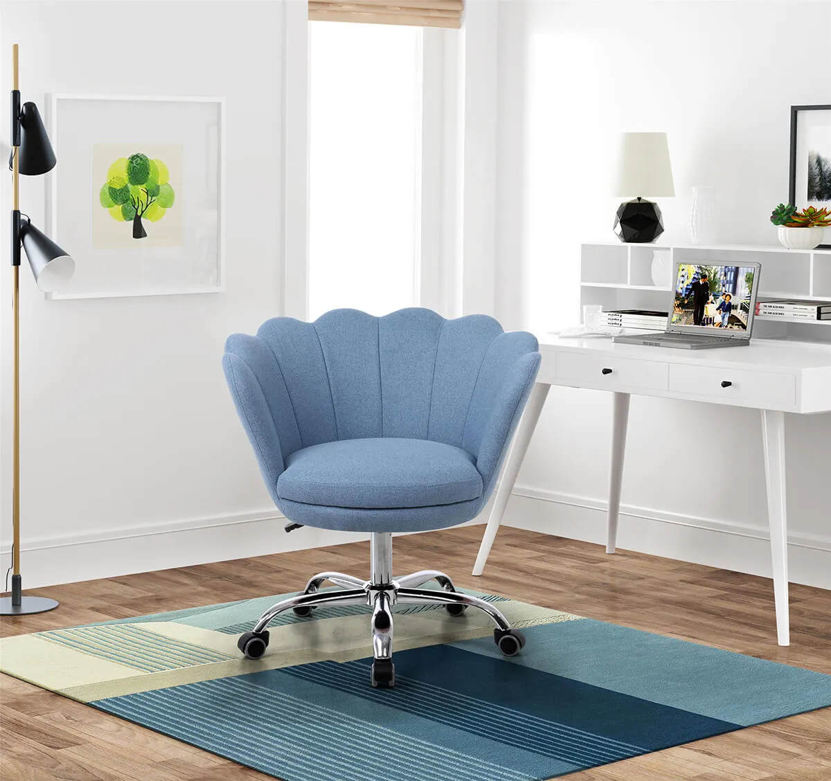 Modern Home Office Chair, Cute Velvet Upholstered Shell Chair Adjustable Swivel Vanity Chair for Women, Blue