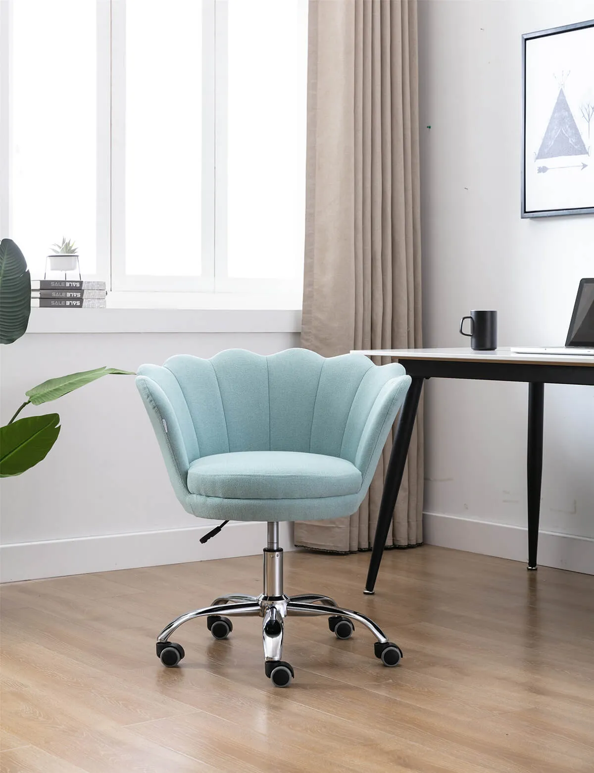 Modern Home Office Chair, Cute Velvet Upholstered Shell Chair Adjustable Swivel Vanity Chair for Women, Mint Green