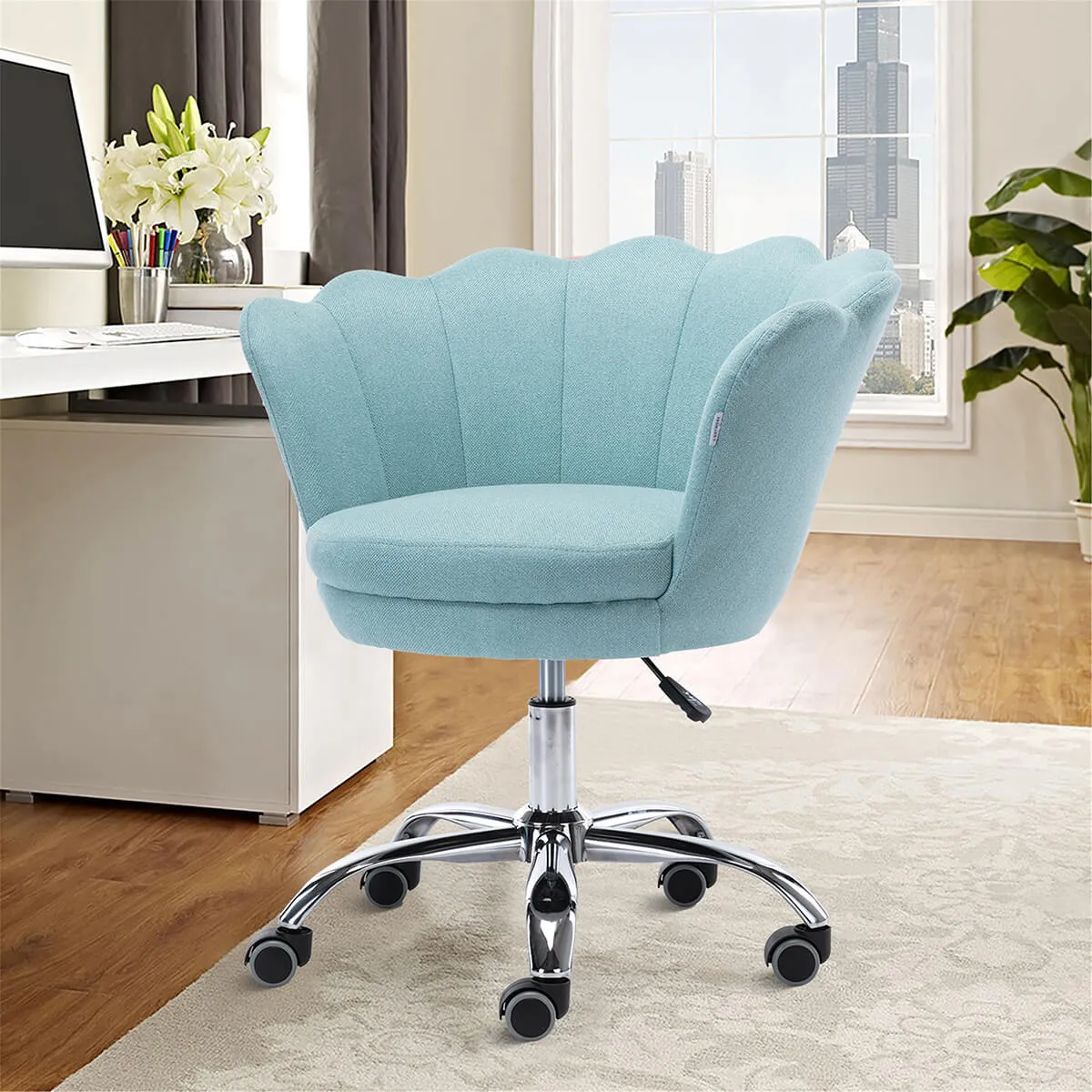 Modern Home Office Chair, Cute Velvet Upholstered Shell Chair Adjustable Swivel Vanity Chair for Women, Mint Green