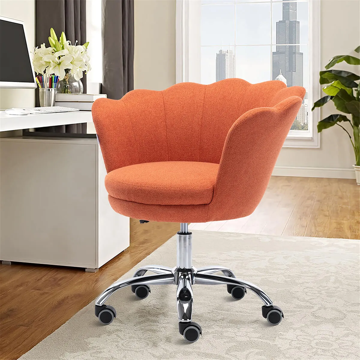 Modern Home Office Chair, Cute Velvet Upholstered Shell Chair Adjustable Swivel Vanity Chair for Women, Orange