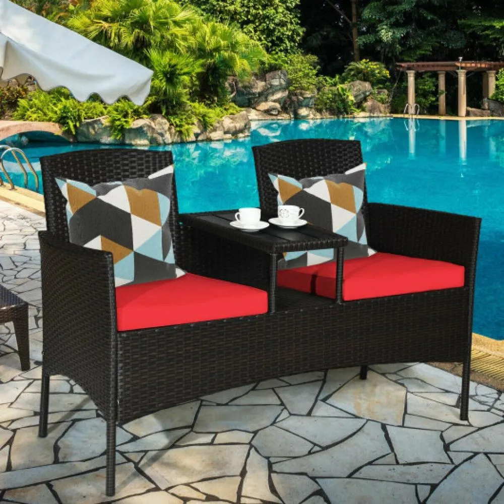 Modern Patio Conversation Set with Built-in Coffee Table and Cushions -Turquoise