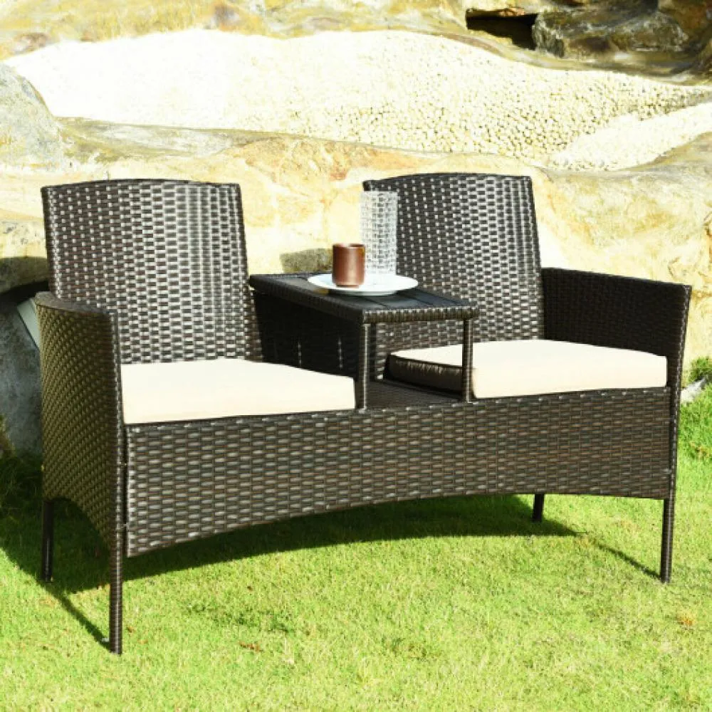 Modern Patio Conversation Set with Built-in Coffee Table and Cushions -Turquoise