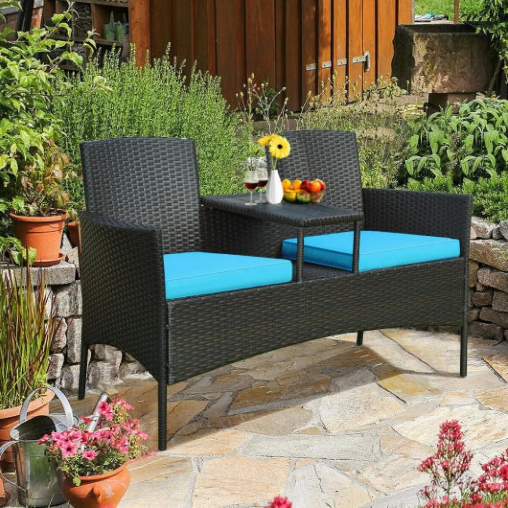 Modern Patio Conversation Set with Built-in Coffee Table and Cushions -Turquoise