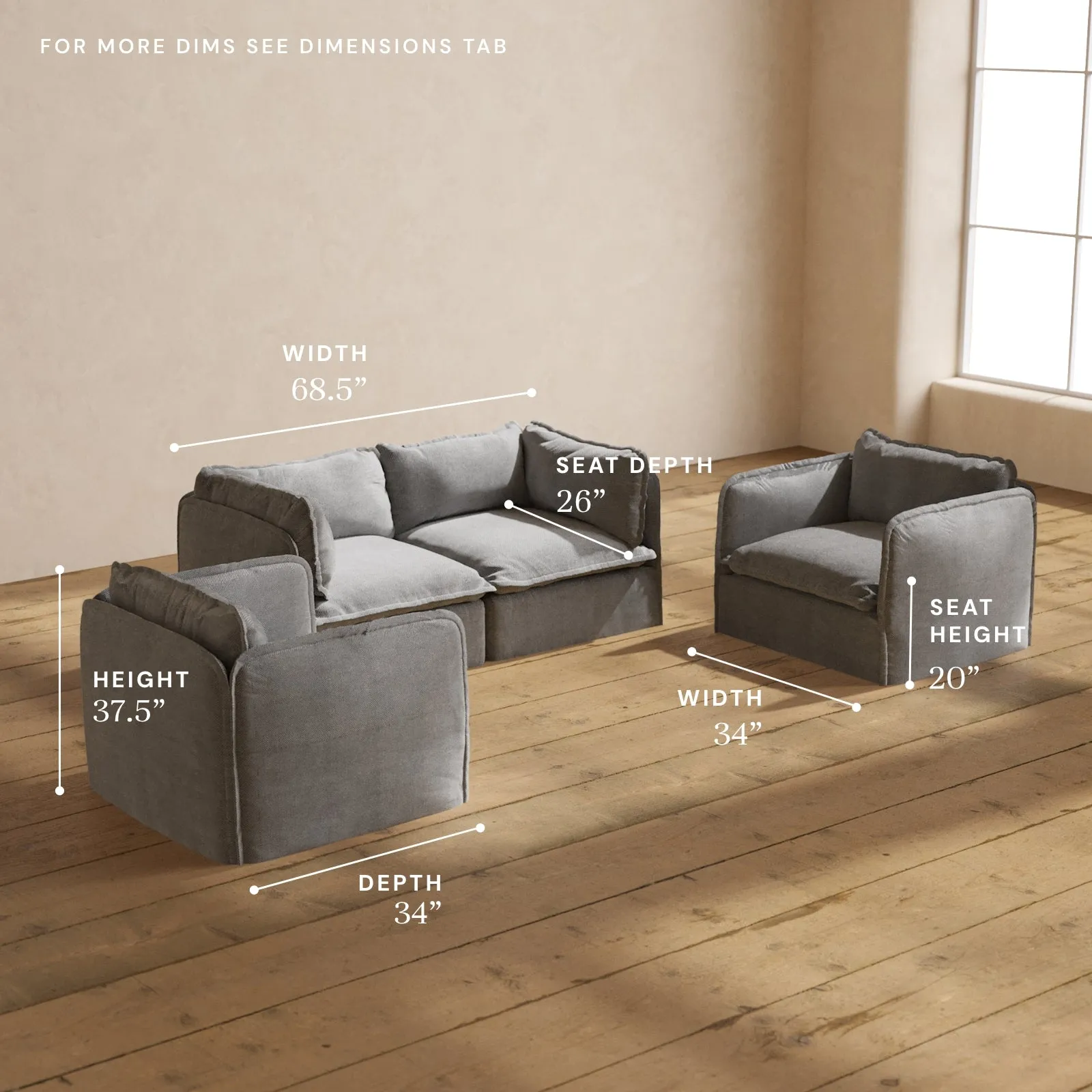 Modular Washable 2-Seater Sofa   Armchair Set in Ash | Memorix  Seat | Cloud Pillow