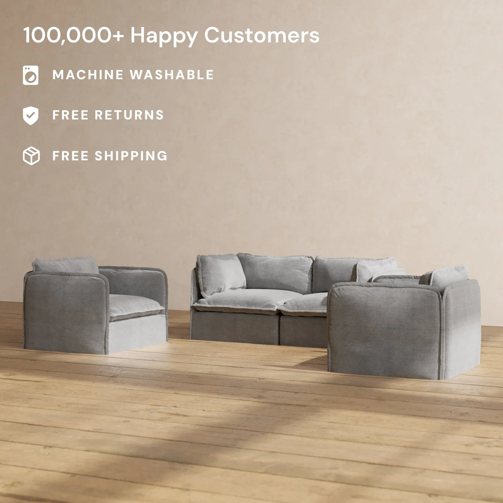 Modular Washable 2-Seater Sofa   Armchair Set in Ash | Memorix  Seat | Cloud Pillow