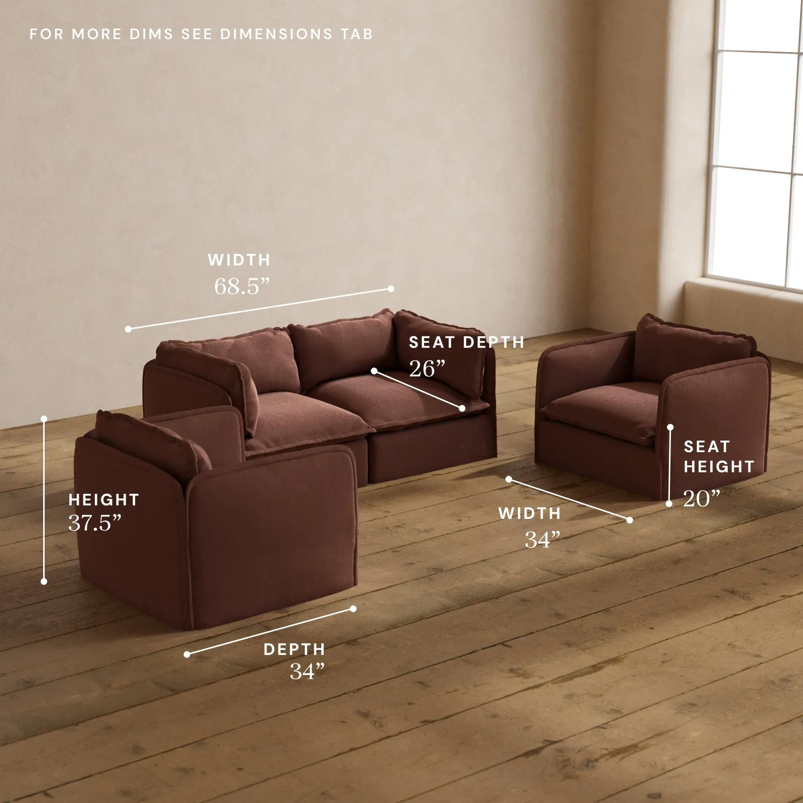 Modular Washable 2-Seater Sofa   Armchair Set in Chestnut | Deluxe  Seat | Contour Pillow